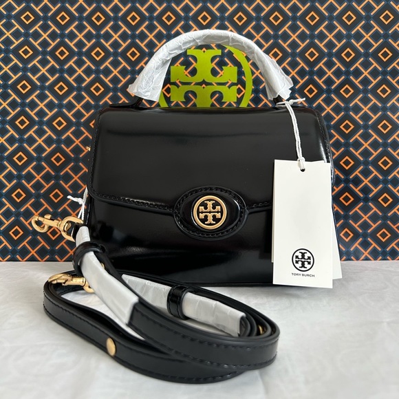 Tory Burch Robinson Spazzolato Small Leather Top Handle Bag Crossbody Bag Black
